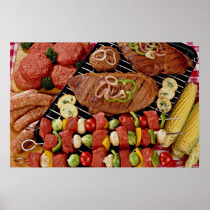 Poster Barbecue délicieux avec la viande cuite crue et o