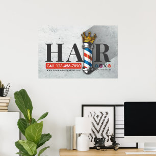 Poster Barber Hair Shop King Crown Barber Pole Hair Salon