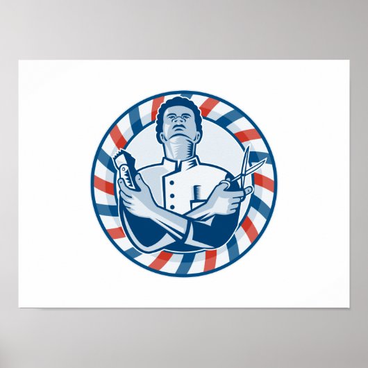 Poster Barbier avec poteau Hair Clipper et ciseaux Rétro (Devant)
