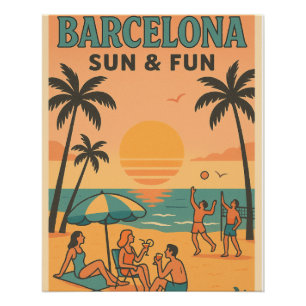 Poster Barcelona Beach & Sun - Retro Travel