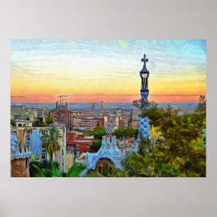 Poster Barcelona. Panorama of the city from Park Guell.
