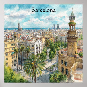 Poster Barcelone Espagne Catalogne Vue de la ville peintu