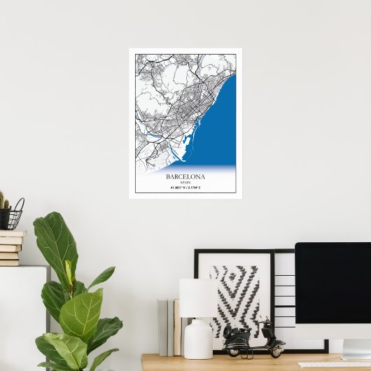 Poster Barcelone Espagne City Map Voyage Simple Minimal (Bureau à domicile)