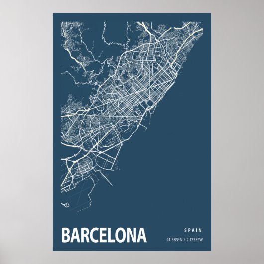 Poster Barcelone Espagne Plan de la ville Ligne Art Blue  (Devant)