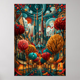 Poster Barcelone Psychedélique Cité Sagrada Familia