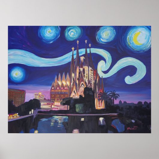 Poster Barcelone Sagrada Familia Nuit étoilée (Devant)