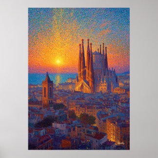 Poster Barcelone Sagrada Familia Pointillisme Coucher de 