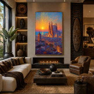 Poster Barcelone Sagrada Familia Pointillisme Coucher de