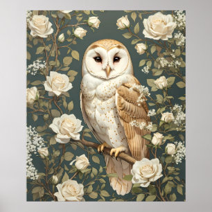 Poster Barn Owl Et White Roses William Morris Inspiré