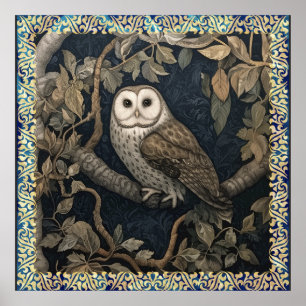 Poster Barn Owl in the Night Forest William Morris Style