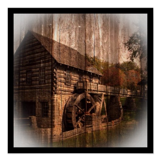 Poster Barn Wood farmhouse mill water wheel (Devant)