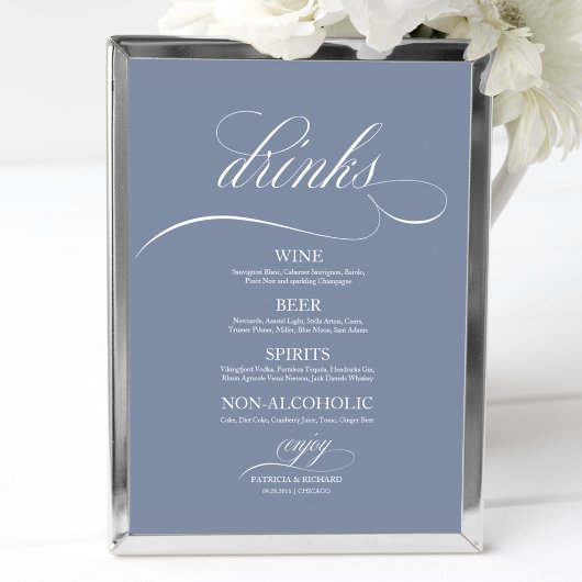 Poster Barre de Mariage bleu Dusty Menu Signer