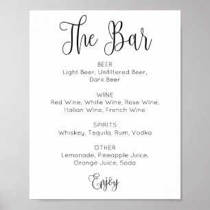 Poster Barre de mariage de script noir et blanc. Boissons