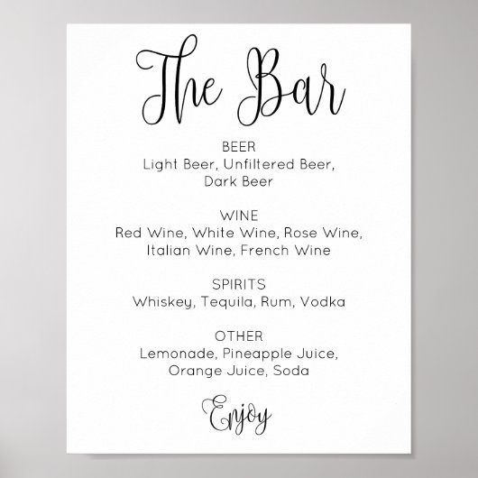 Poster Barre de mariage de script noir et blanc. Boissons (Devant)