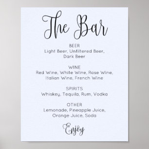 Poster Barre de mariage de script simple bleu. Boissons a