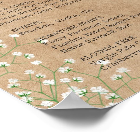 Poster Barre de Mariage Floral Rustic Baby's Breath Menu  (Coin)