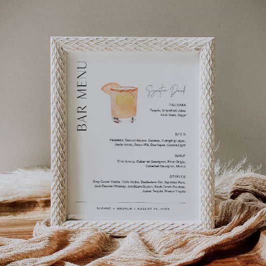 Poster Barre de Mariage HARLOW Menu, Signature Boire Sign