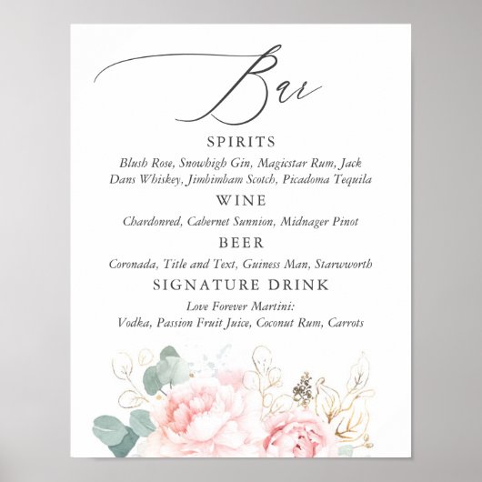 Poster Barre de menu Fleurs roses et verdure or Signe (Devant)