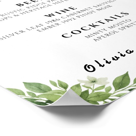 Poster Barre Feuilles Vert Sage Menu Mariage Signature Bo (Coin)