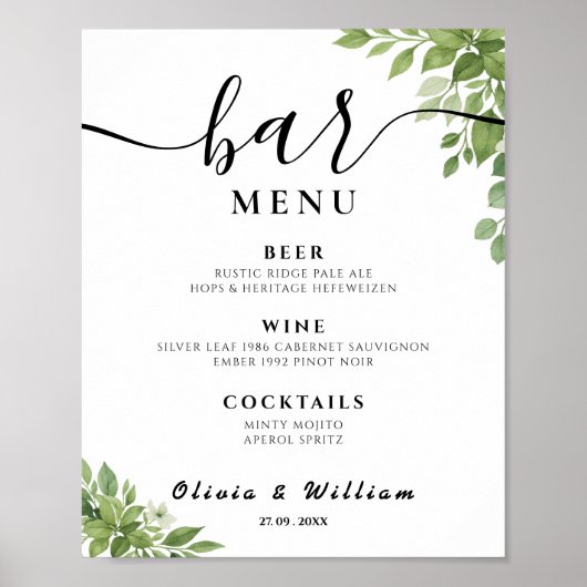 Poster Barre Feuilles Vert Sage Menu Mariage Signature Bo (Devant)