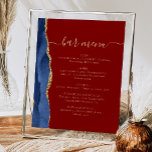 Poster Barre mariage Menu Marine Blue Gold Agate Bourgogn<br><div class="desc">Un panneau élégant pour votre menu de bar mariage. Les mots "menu barre" apparaissent dans la calligraphie d'écriture manuscrite couleur or avec des swashes au début et à la fin, avec le texte personnalisable ci-dessous. Une aquarelle bleu marine ornée d'une parties scintillant en faux or orne la bordure gauche d'un...</div>