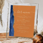 Poster Barre mariage Menu Marine Blue Gold Agate Rust<br><div class="desc">Un panneau élégant pour votre menu de bar mariage. Les mots "menu barre" apparaissent dans la calligraphie d'écriture manuscrite couleur or avec des swashes au début et à la fin, avec le texte personnalisable ci-dessous. Une aquarelle bleu marine ornée d'une parties scintillant en faux or orne la bordure gauche sur...</div>