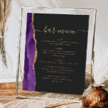 Poster Barre mariage Menu Purple Gold Agate Dark<br><div class="desc">Un panneau élégant pour votre menu de bar mariage. Les mots "menu barre" apparaissent dans la calligraphie d'écriture manuscrite couleur or avec des swashes au début et à la fin, avec le texte personnalisable ci-dessous. Une aquarelle mauve décorée d'une fausse parties scintillant dorée orne la bordure gauche sur un arrière...</div>