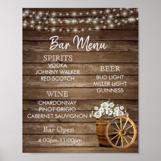Poster Barre Menu - Baril de bois avec fleurs blanches (Devant)