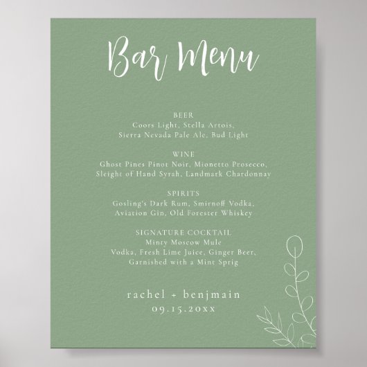 Poster Barre Menu Mariage Sage Vert Botanique Minimal (Devant)