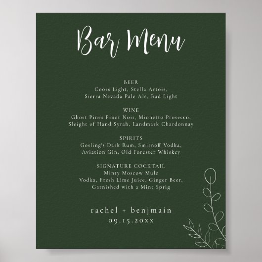 Poster Barre Menu Mariage Sage Vert Botanique Minimal (Devant)