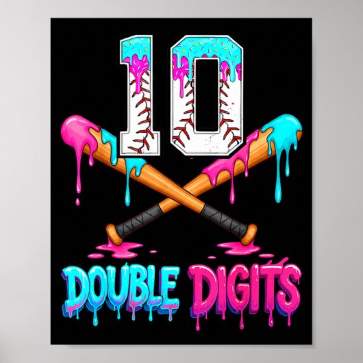 Poster Baseball 10 Year Old Ice Cream Drip 10th Bday Doub (Devant)