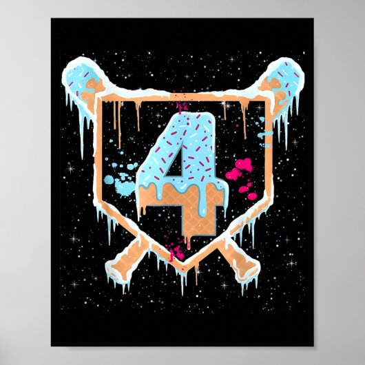 Poster Baseball 4 Year Old Ice Cream Drip 4th Birthday Bo (Devant)