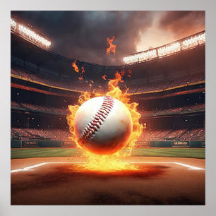 Poster Baseball en feu dans un stade
