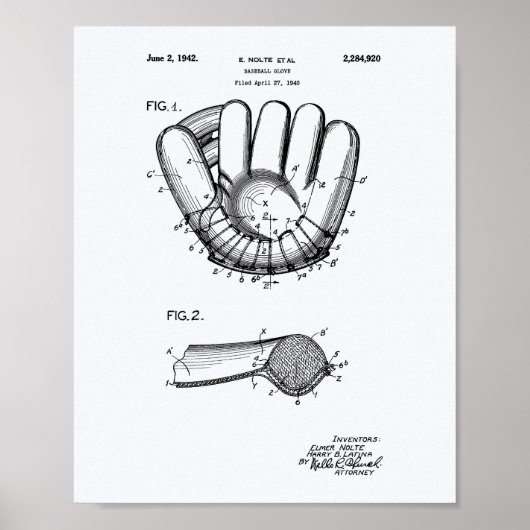 Poster Baseball Glove 1942 Brevet Art Livre blanc (Devant)