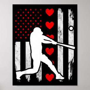 Poster Baseball Silhouette Cœur Drapeau Américain États-U