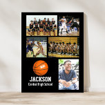 Poster Basket-ball personnalisé Photo Collage Nom de l'éq<br><div class="desc">Cette affiche personnalisée avec photo collage de basket présente vos photos de basket-ball téléchargées préférées, un graphique de basket-ball orange avec le numéro de maillot de votre joueur et du texte supplémentaire comme le nom de votre joueur et/ou le nom de l'équipe. Ce design est mis en regard d'une couleur...</div>