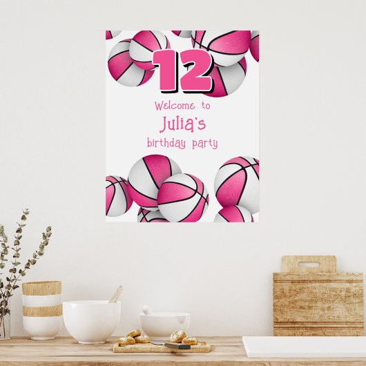 Poster basket blanc rose filles fête d'anniversaire (Cuisine)