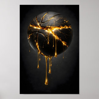 Poster Basketball noir fissuré avec de l'or liquide qui c