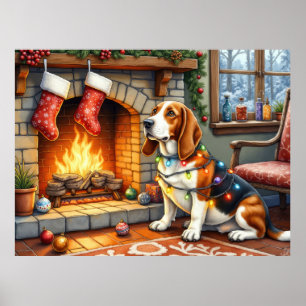 Poster Basset Hound Cheminée avec Lumières de Noël