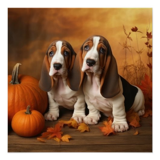 Poster Basset Hound Chiot Automne Citrouille de plaisir (Devant)