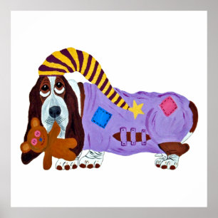 Poster Basset Hound en pyjama avec un ours en peluche