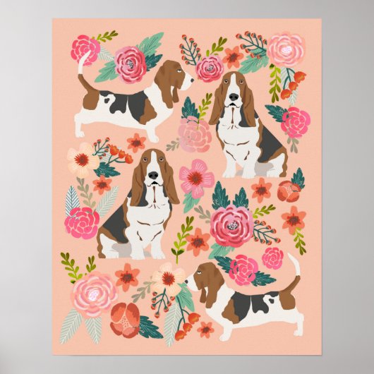 Poster Basset Hound Florals - Chien Art (Devant)