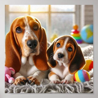 Poster Basset Hound maman et son chiot