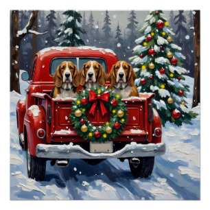 Poster Basset Hound Noël Camion Rouge Fêtes