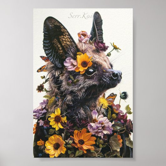 Poster Bat à fleurs en blanc Imprimer et télécharger (Devant)