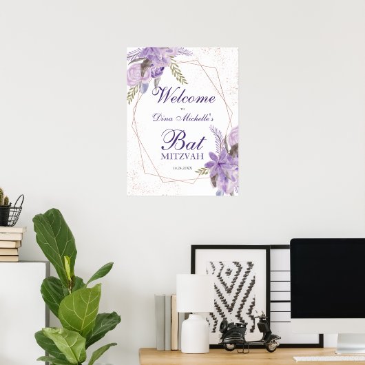 Poster Bat mitzvah d'aquarelle rose or violet (Bureau à domicile)