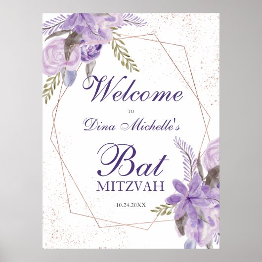 Poster Bat mitzvah d'aquarelle rose or violet (Devant)