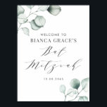 Poster Bat mitzvah minimaliste d'aquarelle Eucalyptus<br><div class="desc">Envoyez des remerciements avec ce panneau d'accueil bat mitzvah de verdure personnalisable. Il présente des illustrations aquarelle de feuilles d'eucalyptus vert poussiéreux et un script fantaisiste. Personnalisez en ajoutant vos détails. Cette enseigne d'accueil bat mitzvah à l'eucalyptus est parfaite pour tous les thèmes ou toutes les saisons.</div>