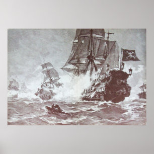 POSTER BATAILLE DE NAVIRE PIRATE EN NOIR ET BLANC