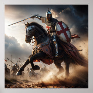 Poster Bataille médiévale réaliste de chevalier rouge